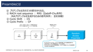 Preambleとは
2022/11/16 18
COPYRIGHT © 2022 Centimani CO. CONFIDENTIAL. ALL RIGHTS RESERVED
☑ プリアンブルは次の3つの部分からなる。
① RACH root sequence ： RRS（Zadoff-Chu系列）
（RAプリアンブルを生成するための信号系列： 全838個）
② Cyclic Shift ： CS
③ Cyclic Prefix ： CP
①
RRS
②
Cyclic
sift
③
CP
挿入
Random
Access
Preamble
1セル（セクタ）において、この組み合わせで
プリアンブル最大64パターン×２つ生成可能。
遅延波に対する
ガードタイム
・サイクリックプレフィックスは、マルチパス遅延拡散に対する保護を提供する
各OFDMAシンボルの開始時のガードタイムを表す。
・サイクリックプレフィックスの持続時間は、マルチパス遅延スプレッドの持続時間
よりも長くする必要がある。
 