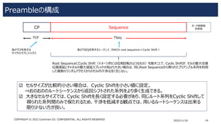 Preambleの構成
2022/11/16 19
COPYRIGHT © 2022 Centimani CO. CONFIDENTIAL. ALL RIGHTS RESERVED
CP Sequence
TCP TSeq
長さTCPを有する
サイクリックプレフィックス
長さTSEQを有するシーケンス（RACH root sequence＋Cyclic Shift ）
Root SequenceにCyclic Shift（イメージ的には位相回転のようなもの）を施すことで、Cyclic Shiftが、セルの最大往復
伝搬遅延とチャネルの最大遅延スプレッドの和より大きい場合は、同じRoot Sequenceから得られたプリアンブル系列を利用
した複数のランダムアクセスからのセル内干渉は全く生じない。
ガード時間用
非使用
☑ セルサイズが比較的小さい場合は、 Cyclic Shiftを小さい値に設定。
⇒おのおののルートシーケンスから巡回シフトされた系列をより多く生成できる。
☑ 大きなセルサイズでは、Cyclic Shiftを長く設定する必要があり、同じルート系列をCyclic Shiftして
得られた系列間のみで保たれるため、干渉を低減する観点では、用いるルートシーケンスは出来る
限り少ない方が良い。
 