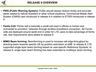 © Nex-G Exuberant Solutions Pvt. Ltd.Copyright © Nex-G | Skills , NESPL
RELEASE 9 OVERVIEW
●
PWS (Public Warning System): Public should always receive timely and accurate
alerts related to natural disasters or other critical situations. Commercial Mobile Alert
System (CMAS) was introduced in release 9 in addition to ETWS introduced in release
8
●
Femto Cell: Femto cell is basically a small cell used in offices or homes and
connected to providers’ networks through landline broadband connection. 3G Femto
cells are deployed around world and in order for LTE users to take advantage of femto
cell, new requirements were added to release 9
●
MIMO Beam forming: Beamforming is used to increase cell edge throughput by
directing beam towards specific UE by position estimation at eNB. In release 8, LTE
supported single layer beam forming based on user-specific Reference Symbols. In
release 9, single layer beam forming has been extended to multilayer beam forming
 