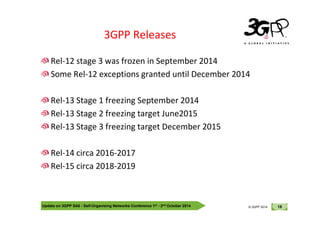 © 3GPP 2012
3GPP Releases
Rel-12 stage 3 was frozen in September 2014
Some Rel-12 exceptions granted until December 2014
Rel-13 Stage 1 freezing September 2014
Rel-13 Stage 2 freezing target June2015
Update on 3GPP SA5 - Self-Organising Networks Conference 1st - 2nd October 2014 18
© 3GPP 2012
© 3GPP 2014
Rel-13 Stage 2 freezing target June2015
Rel-13 Stage 3 freezing target December 2015
Rel-14 circa 2016-2017
Rel-15 circa 2018-2019
 