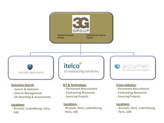 Michael Cookson	    Frederick De Sloover           Partner 		    PartnerICT & Technology:  - Permanent Recruitment  - Contracting Resources  - Sourcing ProjectsLocations:  - Brussels, Gent, Luxembourg,    Paris, UAECross-Industry: Permanent Recruitment