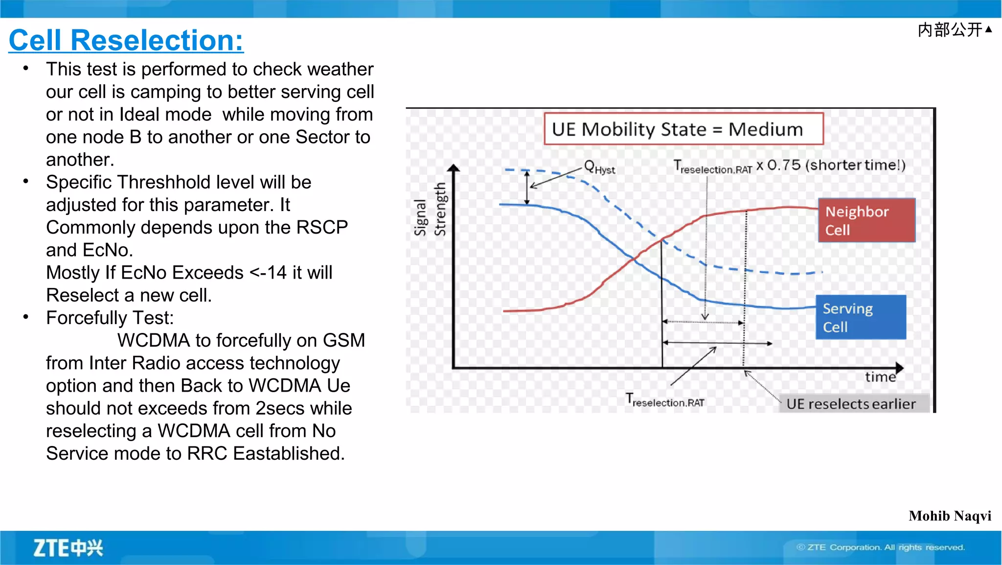 内部公开▲
Cell Reselection:
• This test is performed to check weather
our cell is camping to better serving cell
or not in Ideal mode while moving from
one node B to another or one Sector to
another.
• Specific Threshhold level will be
adjusted for this parameter. It
Commonly depends upon the RSCP
and EcNo.
Mostly If EcNo Exceeds <-14 it will
Reselect a new cell.
• Forcefully Test:
WCDMA to forcefully on GSM
from Inter Radio access technology
option and then Back to WCDMA Ue
should not exceeds from 2secs while
reselecting a WCDMA cell from No
Service mode to RRC Eastablished.
Mohib Naqvi
 
