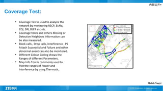 内部公开▲
Coverage Test:
• Coverage Test is used to analyze the
network by monitoring RSCP, EcNo,
CQI, SIR, BLER etc etc.
• Coverage holes and others Missing or
Detective Neighbors Information can
be also measured.
• Block calls , Drop calls, Interference , PS
Attach Successful and Failure and other
abnormal event can also be monitored.
• Different Colour Coding shows the
Ranges of different Parameters.
• Map Info Tool is commonly used to
Plot the ranges of Power and
Interference by using Thermatic.
Mohib Naqvi
 