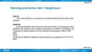 内部公开▲
Serving and Active Set + Neighbour:
Cell I.D:
This is the Identity or name given to a particular Node B and its cells by the
operator.
UARFCN:
Universal Absolute radio Frequency channel Number is the frequency band
allotted to the operator. One Spectrum band width is of 5MHz in WCDMA or 3G.
Frequency for Uplink allotted to all the operators vary between 1920 to 1980
MHZ.
While
Frequency for Downlink allotted to all the operators vary between 2110 to 2170
MHZ.
Mohib Naqvi
 