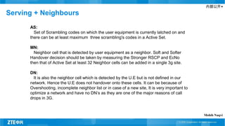 内部公开▲
Serving + Neighbours
AS:
Set of Scrambling codes on which the user equipment is currently latched on and
there can be at least maximum three scrambling's codes in a Active Set.
MN:
Neighbor cell that is detected by user equipment as a neighbor. Soft and Softer
Handover decision should be taken by measuring the Stronger RSCP and EcNo
then that of Active Set at least 32 Neighbor cells can be added in a single 3g site.
DN:
It is also the neighbor cell which is detected by the U.E but is not defined in our
network. Hence the U.E does not handover onto these cells. It can be because of
Overshooting, incomplete neighbor list or in case of a new site, It is very important to
optimize a network and have no DN’s as they are one of the major reasons of call
drops in 3G.
Mohib Naqvi
 