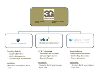 ICT & Technology: - Permanent Recruitment - Contracting Resources - Sourcing Projects Locations:  - Brussels, Gent, Luxembourg,  Paris, UAE Cross-Industry: Permanent Recruitment Contracting Resources  Sourcing Projects Locations:  - Brussels, Gent, Luxembourg,  Paris, UAE Executive Search: - Search & Selection - Interim Management - On-Boarding & Assessments Locations:  - Brussels, Luxembourg, Paris,  UAE Michael Cookson   Frederick De Sloover Partner    Partner 