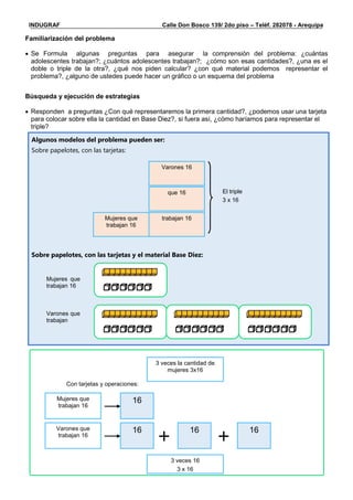 __________________________________________________________________________________________
________________________________________3° mayo/19_____________________________________
INDUGRAF Calle Don Bosco 139/ 2do piso – Teléf. 282078 - Arequipa
Familiarización del problema
 Se Formula algunas preguntas para asegurar la comprensión del problema: ¿cuántas
adolescentes trabajan?; ¿cuántos adolescentes trabajan?; ¿cómo son esas cantidades?, ¿una es el
doble o triple de la otra?, ¿qué nos piden calcular? ¿con qué material podemos representar el
problema?, ¿alguno de ustedes puede hacer un gráfico o un esquema del problema
Búsqueda y ejecución de estrategias
 Responden a preguntas ¿Con qué representaremos la primera cantidad?, ¿podemos usar una tarjeta
para colocar sobre ella la cantidad en Base Diez?, si fuera así, ¿cómo haríamos para representar el
triple?
Algunos modelos del problema pueden ser:
Sobre papelotes, con las tarjetas:
Sobre papelotes, con las tarjetas y el material Base Diez:
Varones 16
que 16
trabajan 16
Mujeres que
trabajan 16
El triple
3 x 16
Mujeres que
trabajan 16
Varones que
trabajan
3 veces la cantidad de
mujeres 3x16
Mujeres que
trabajan 16
Con tarjetas y operaciones:
16
Varones que
trabajan 16
16 16 16
3 veces 16
3 x 16
 