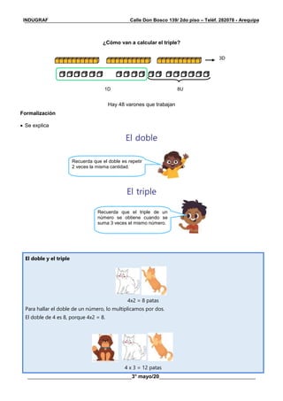 __________________________________________________________________________________________
________________________________________3° mayo/20_____________________________________
INDUGRAF Calle Don Bosco 139/ 2do piso – Teléf. 282078 - Arequipa
¿Cómo van a calcular el triple?
Hay 48 varones que trabajan
Formalización
 Se explica
El doble
El triple
El doble y el triple
4x2 = 8 patas
Para hallar el doble de un número, lo multiplicamos por dos.
El doble de 4 es 8, porque 4x2 = 8.
4 x 3 = 12 patas
3D
1D 8U
Recuerda que el doble es repetir
2 veces la misma cantidad.
Recuerda que el triple de un
número se obtiene cuando se
suma 3 veces el mismo número.
 