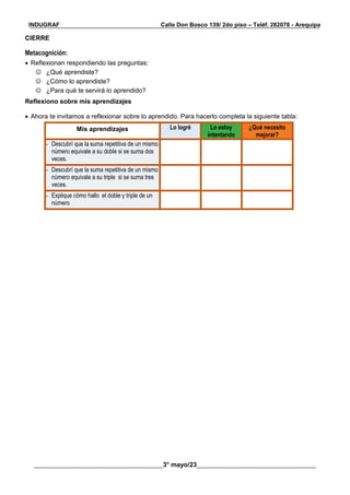 __________________________________________________________________________________________
________________________________________3° mayo/23_____________________________________
INDUGRAF Calle Don Bosco 139/ 2do piso – Teléf. 282078 - Arequipa
CIERRE
Metacognición:
 Reflexionan respondiendo las preguntas:
 ¿Qué aprendiste?
 ¿Cómo lo aprendiste?
 ¿Para qué te servirá lo aprendido?
Reflexiono sobre mis aprendizajes
 Ahora te invitamos a reflexionar sobre lo aprendido. Para hacerlo completa la siguiente tabla:
Mis aprendizajes Lo logré Lo estoy
intentando
¿Qué necesito
mejorar?
- Descubrí que la suma repetitiva de un mismo
número equivale a su doble si se suma dos
veces.
- Descubrí que la suma repetitiva de un mismo
número equivale a su triple si se suma tres
veces.
- Explique cómo hallo el doble y triple de un
número
 