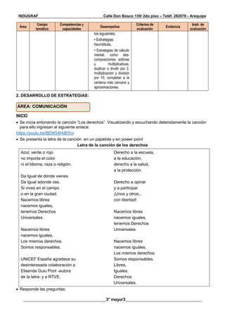 __________________________________________________________________________________________
________________________________________3° mayo/3_____________________________________
INDUGRAF Calle Don Bosco 139/ 2do piso – Teléf. 282078 - Arequipa
Área
Campo
temático
Competencias y
capacidades
Desempeños
Criterios de
evaluación
Evidencia
Instr. de
evaluación
los siguientes:
• Estrategias
heurísticas.
• Estrategias de cálculo
mental, como des-
composiciones aditivas
y multiplicativas,
duplicar o dividir por 2,
multiplicación y división
por 10, completar a la
centena más cercana y
aproximaciones.
2. DESARROLLO DE ESTRATEGIAS:
INICIO
 Se inicia entonando la canción “Los derechos”. Visualizando y escuchando detenidamente la canción
para ello ingresan al siguiente enlace:
https://youtu.be/BENG4HdElVo
 Se presenta la letra de la canción en un papelote y en power point
Letra de la canción de los derechos
Azul, verde o rojo
no importa el color
ni el Idioma, raza o religión.
Da Igual de dónde vienes.
Da Igual adonde vas.
Si vives en el campo
o en la gran ciudad.
Nacemos libres
nacemos iguales,
tenemos Derechos
Universales.
Nacemos libres
nacemos iguales,
Los mismos derechos.
Somos responsables.
UNICEF España agradece su
desinteresada colaboración a
Elisenda Guiu Pont -autora
de la letra- y a RTVE.
Derecho a la escuela,
a la educación,
derecho a la salud,
a la protección.
Derecho a opinar
y a participar
¡Unos y otros...
con libertad!
Nacemos libres
nacemos iguales,
tenemos Derechos
Universales.
Nacemos libres
nacemos iguales,
Los mismos derechos.
Somos responsables.
Libres,
Iguales.
Derechos
Universales.
 Responde las preguntas:
ÁREA: COMUNICACIÓN
 