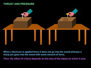 THRUST AND PRESSURE
When a blunt pin is applied force it does not go into the wood whereas a
sharp pin goes into the wood with same amount of force.
Thus, the effect of a force depends on the area of the object on which it acts.
 