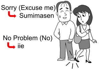 Sorry (Excuse me) Sumimasen  No Problem (No) iie 