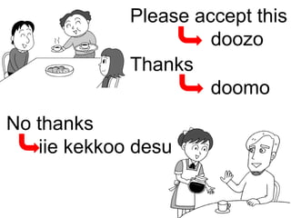 Please accept this doozo No thanks iie kekkoo desu Thanks doomo 