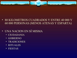 80 KILOMETROS CUADRADOS Y ENTRE 40 000 Y 60 000 PERSONAS (MENOS ATENAS Y ESPARTA) UNA NACION EN SÍ MISMA CIUDADANIA GOBIERNO TRADICIONES RITUALES  FIESTAS 