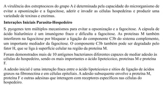 A virulência dos estreptococos do grupo A é determinada pela capacidade do microrganismo de
evitar a opsonização e a fagocitose, aderir e invadir as células hospedeiras e produzir uma
variedade de toxinas e enzimas.
Interações Iniciais Parasita-Hospedeiro
S. pyogenes tem múltiplos mecanismos para evitar a opsonização e a fagocitose. A cápsula de
ácido hialurônico é um imunógeno fraco e dificulta a fagocitose. As proteínas M também
interferem na fagocitose por bloquear a ligação do componente C3b do sistema complemento,
um importante mediador da fagocitose. O componente C3b também pode ser degradado pelo
fator H, que se liga à superfície celular na região da proteína M.
Foram demonstrados mais de 10 antígenos bacterianos diferentes capazes de mediar adesão às
células do hospedeiro, sendo os mais importantes o ácido lipoteicoico, proteínas M e proteína
F.
A adesão inicial é uma interação fraca entre o ácido lipoteicoico e sítios de ligação de ácidos
graxos na fibronectina e em células epiteliais. A adesão subsequente envolve a proteína M,
proteína F e outras adesinas que interagem com receptores específicos nas células do
hospedeiro.
 