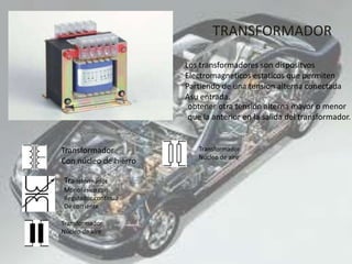 Transformador
Con núcleo de hierro
Transformador
Monofásico con
Regulador continua
De corriente
TRANSFORMADOR
Los transformadores son dispositvos
Electromagneticos estaticos que permiten
Partiendo de una tension alterna conectada
Asu entrada.
obtener otra tensión alterna mayor o menor
que la anterior en la salida del transformador.
Transformador
Núcleo de aire
Transformador
Núcleo de aire
 