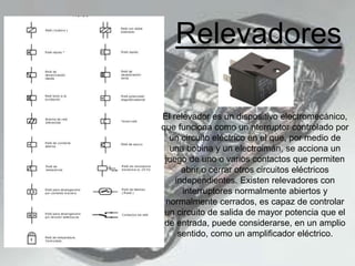 Relevadores
El relevador es un dispositivo electromecánico,
que funciona como un nterruptor controlado por
un circuito eléctrico en el que, por medio de
una bobina y un electroimán, se acciona un
juego de uno o varios contactos que permiten
abrir o cerrar otros circuitos eléctricos
independientes. Existen relevadores con
interruptores normalmente abiertos y
normalmente cerrados, es capaz de controlar
un circuito de salida de mayor potencia que el
de entrada, puede considerarse, en un amplio
sentido, como un amplificador eléctrico.
 