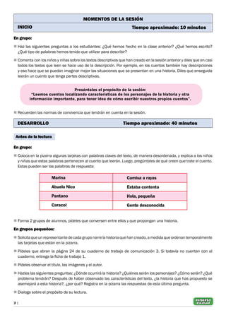 3 |
REFUERZO
escolar
MOMENTOS DE LA SESIóN
INICIO		 					 Tiempo aproximado: 10 minutos
En grupo:
n	Haz las siguientes preguntas a los estudiantes: ¿Qué hemos hecho en la clase anterior? ¿Qué hemos escrito?
¿Qué tipo de palabras hemos tenido que utilizar para describir?
n	Comenta con los niños y niñas sobre los textos descriptivos que han creado en la sesión anterior y diles que en casi
todos los textos que leen se hace uso de la descripción. Por ejemplo, en los cuentos también hay descripciones
y eso hace que se puedan imaginar mejor las situaciones que se presentan en una historia. Diles que enseguida
leerán un cuento que tenga partes descriptivas.
Preséntales el propósito de la sesión:
“Leemos cuentos localizando características de los personajes de la historia y otra
información importante, para tener idea de cómo escribir nuestros propios cuentos”.
n	Recuerden las normas de convivencia que tendrán en cuenta en la sesión.
DESARROLLO 						Tiempo aproximado: 40 minutos
Antes de la lectura
En grupo:
n	Coloca en la pizarra algunas tarjetas con palabras claves del texto, de manera desordenada, y explica a los niños
y niñas que estas palabras pertenecen al cuento que leerán. Luego, pregúntales de qué creen que trate el cuento.
Estas pueden ser las palabras de respuesta:
Camisa a rayas
Estaba contenta
Hola, pequeña
Gente desconocida
n	Forma 2 grupos de alumnos, pídeles que conversen entre ellos y que propongan una historia.
En grupos pequeños:
n	Solicitaqueunrepresentantedecadagruponarrelahistoriaquehancreado,amedidaqueordenantemporalmente
las tarjetas que están en la pizarra.
n	Pídeles que abran la página 24 de su cuaderno de trabajo de comunicación 3. Si todavía no cuentan con el
cuaderno, entrega la ficha de trabajo 1.
n	Pídeles observar el título, las imágenes y el autor.
n	Hazles las siguientes preguntas: ¿Dónde ocurrirá la historia? ¿Quiénes serán los personajes? ¿Cómo serán? ¿Qué
problema tendrán? Después de haber observado las características del texto, ¿la historia que has propuesto se
asemejará a esta historia?, ¿por qué? Registra en la pizarra las respuestas de esta última pregunta.
n	Dialoga sobre el propósito de su lectura.
Marina
Abuelo Nico
Pantano
Caracol	
 