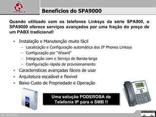 Instalação e Manutenção muito fácil Localização e Configuração automática dos IP Phones Linksys Configuração por “Wizard” Integração com o Serviço de Banda-larga Configuração rápida de provisionamento Caracteristicas avançadas fáceis de usar Arquitetura escalável e flexivel Baixo Custo de Propriedade e Operação Beneficios do SPA9000 Uma solução PODEROSA de Telefonia IP para o SMB !! Quando utilizado com os telefones Linksys da série SPA900, o SPA9000 oferece serviços avançados por uma fração do preço de um PABX tradicional! 