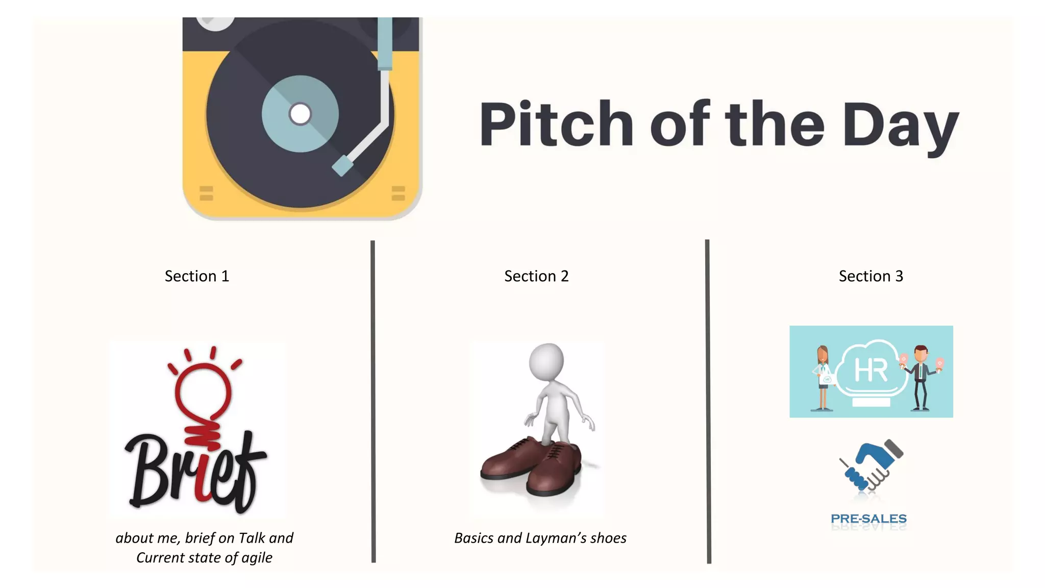 Section 1 Section 2 Section 3
about me, brief on Talk and
Current state of agile
Basics and Layman’s shoes
 