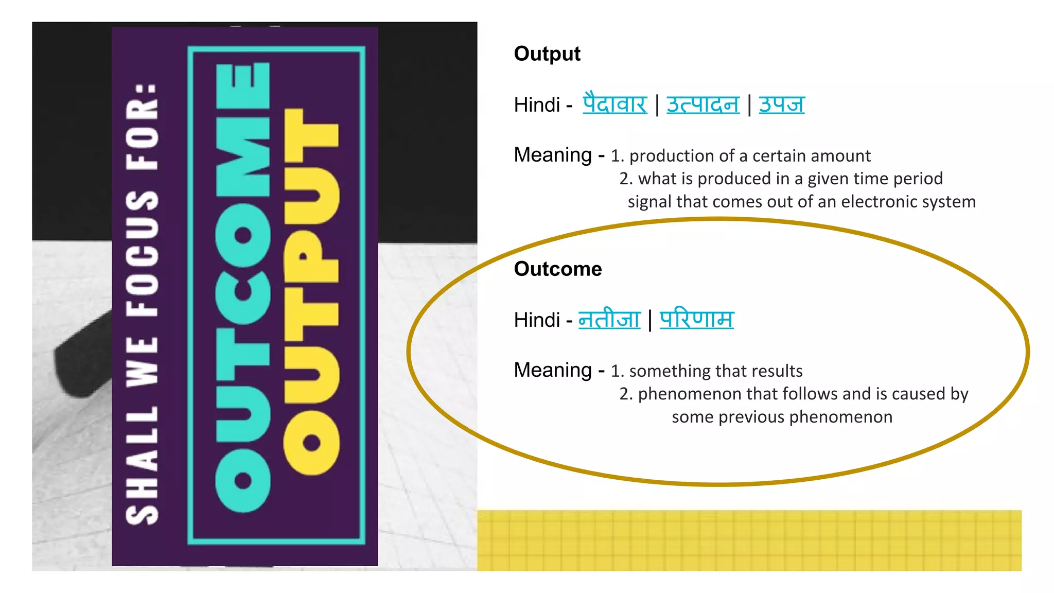Output
Hindi - पैदावार | उ पादन | उपज
Meaning - 1. production of a certain amount
2. what is produced in a given time period
signal that comes out of an electronic system
Outcome
Hindi - नतीजा | प रणाम
Meaning - 1. something that results
2. phenomenon that follows and is caused by
some previous phenomenon
 