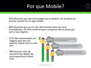 Por	
  que	
  Mobile?	
  
•  67%	
  disseram	
  que	
  são	
  mais	
  propensos	
  a	
  comprar	
  um	
  produto	
  ou	
  
serviço	
  a	
  parGr	
  de	
  um	
  app	
  mobile.	
  
•  48%	
  disseram	
  que	
  se	
  um	
  site	
  não	
  funciona	
  bem	
  em	
  seus	
  
smartphones,	
  fez-­‐lhes	
  senGrem	
  que	
  a	
  empresa	
  não	
  se	
  preocupa	
  
com	
  o	
  seu	
  negócio.	
  
www.3globaltec.com	
  
•  57%	
  não	
  recomendam	
  um	
  
negócio	
  que	
  tem	
  um	
  
website	
  móvel	
  ruim	
  ou	
  não	
  
tem	
  
•  40%	
  buscam	
  sites	
  de	
  
concorrentes	
  depois	
  de	
  
uma	
  experiência	
  móvel	
  
ruim.	
  
 