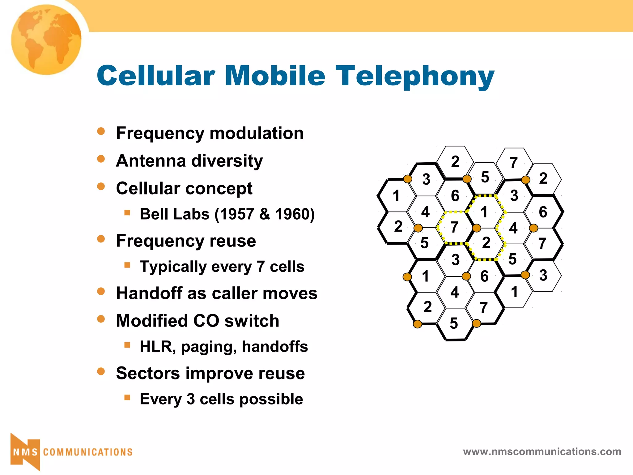 www.nmscommunications.com
1
2
3
4
5
6
7
1
2
3
4
5
6
7
5
72
2
1
1
2
3
4
5
6
7
3
Cellular Mobile Telephony
 Frequency modulation
 Antenna diversity
 Cellular concept
 Bell Labs (1957 & 1960)
 Frequency reuse
 Typically every 7 cells
 Handoff as caller moves
 Modified CO switch
 HLR, paging, handoffs
 Sectors improve reuse
 Every 3 cells possible
 