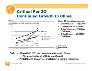 Critical For 3G — 
Continued Growth In China 
Likely 3G licensing outcomes: 
z China Unicom — cdma2000 
z China Mobile — W-CDMA 
z China Telecom — W-CDMA/ 
TD-SCDMA? 
z China Netcom — W-CDMA/ 
TD-SCDMA? 
z CDMA IS-95 (2G) has been slow to launch in China 
www.nmscommunications.com 
„ Why would the launch of 3G be any different? 
z PHS (2G) with China Telecom/Netcom is gaining momentum 
Risk: 
 