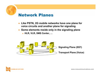 z Like PSTN, 2G mobile networks have one plane for 
voice circuits and another plane for signaling 
z Some elements reside only in the signaling plane 
Signaling Plane (SS7) 
www.nmscommunications.com 
Network Planes 
„ HLR, VLR, SMS Center, … 
MSC 
HLR 
VLR MSC 
Transport Plane (Voice) 
MSC 
SMS-SC 
 