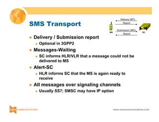 Delivery (MT) 
Report 
Submission (MO) 
MS Report SC 
www.nmscommunications.com 
SMS Transport 
z Delivery / Submission report 
„ Optional in 3GPP2 
z Messages-Waiting 
„ SC informs HLR/VLR that a message could not be 
delivered to MS 
z Alert-SC 
„ HLR informs SC that the MS is again ready to 
receive 
z All messages over signaling channels 
„ Usually SS7; SMSC may have IP option 
 