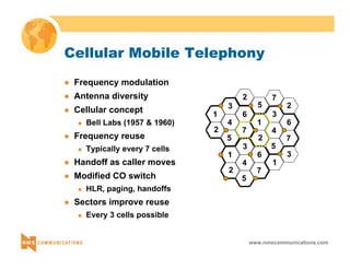 2 7 
1 
2 
3 
4 
5 
6 
7 
www.nmscommunications.com 
1 
2 
3 
4 
5 
6 
7 
5 
2 
1 
1 
2 
3 
4 
5 
6 
7 
3 
Cellular Mobile Telephony 
z Frequency modulation 
z Antenna diversity 
z Cellular concept 
„ Bell Labs (1957 & 1960) 
z Frequency reuse 
„ Typically every 7 cells 
z Handoff as caller moves 
z Modified CO switch 
„ HLR, paging, handoffs 
z Sectors improve reuse 
„ Every 3 cells possible 
 