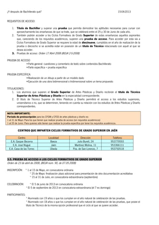 ¿Y después de Bachillerato qué?

15-04-2013

REQUISITOS DE ACCESO:
1. Título de Bachiller y superar una prueba que permita demostrar las aptitudes necesarias para cursar con
aprovechamiento las enseñanzas de que se trate, que se celebrará entre el 25 y 30 de Junio de cada año.
2. También podrán acceder a los Ciclos Formativos de Grado Superior de estas enseñanzas aquellos aspirantes
que, careciendo de los requisitos académicos, superen una prueba de acceso. Para acceder por esta vía a
Ciclos Formativos de Grado Superior se requiere la edad de diecinueve, cumplidos en el año de realización de la
prueba o dieciocho si se acredita estar en posesión de un título de Técnico relacionado con aquél al que se
desea acceder.
3. Pruebas de acceso: Orden 17 Abril 2008 (BOJA 2-5-2008)
PRUEBA DE ACCESO
•Parte general: cuestiones y comentario de texto sobre contenidos Bachillerato
•Parte específica = prueba específica
PRUEBA ESPECÍFICA:
•Realización de un dibujo a partir de un modelo dado
•Ejecución de una obra bidimensional o tridimensional sobre un tema propuesto
TITULACIONES:
1. Los alumnos que superen el Grado Superior de Artes Plásticas y Diseño recibirán el título de Técnico
Superior de Artes Plásticas y Diseño en la especialidad correspondiente.
2. El título de Técnico Superior de Artes Plásticas y Diseño permitirá el acceso a los estudios superiores,
universitarios o no, que se determinen, teniendo en cuenta su relación con los estudios de Artes Plásticas y Diseño
correspondientes.
NOTA IMPORTANTE:
Período de preinscripción para los CFGM y CFGS de artes plásticas y diseño es:
1 al 31 de Mayo: Para los que tienen que realizar prueba de acceso (sin requisitos académicos)
1 al 20 de Junio: Para quienes sólo tienen que realizar la prueba específica por tener los requisitos académicos.

CENTROS QUE IMPARTEN CICLOS FORMATIVOS DE GRADO SUPERIOR EN JAÉN
Centro
E.A. Gaspar Becerra
E.A. José Nogué
E.A. Casa de las Torres

Localidad
Baeza
Jaén
Úbeda

Dirección
Julio Burell, 24
Martínez Molina, 11
Pza. de San Lorenzo, 7

Teléfono
953779593
953366111
953750518

3.5. PRUEBA DE ACCESO A LOS CICLOS FORMATIVOS DE GRADO SUPERIOR

Orden de 23 de abril de 2008, (BOJA núm. 90, de 07.05.2008)

INSCRIPCIÓN: * 1 al 15 de Mayo, en convocatoria ordinaria
* 25 de Mayo: finalización plazo adicional para presentación de otra documentación acreditativa
* 15 al 31 de Julio, en convocatoria extraordinaria (septiembre)
CELEBRACIÓN:

* El 5 de junio de 2013 en convocatoria ordinaria
* El 5 de septiembre de 2013 en convocatoria extraordinaria (el 7 es domingo)

PARTICIPANTES:
* Alumnado con 19 años o que los cumplan en el año natural de celebración de las pruebas.
* Alumnado con 18 años o que los cumplan en el año natural de celebración de las pruebas, que posee el
título de Técnico de la misma opción profesional que el ciclo al que se quiere acceder.

 