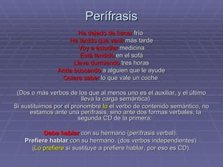 Perífrasis Ha dejado de hacer  frío  He tenido que venir  más tarde Voy a estudiar  medicina Está tendido  en el sofá Lleva durmiendo  tres horas Anda buscando  a alguien que le ayude Quiere saber  lo que vale un coche  (Dos o más verbos de los que al menos uno es el auxiliar, y el último lleva la carga semántica) Si sustituimos por el pronombre  lo  el verbo de contenido semántico, no estamos ante una perífrasis, sino ante dos formas verbales, la segunda CD de la primera:  Debe hablar  con su hermano (perífrasis verbal).  Prefiere hablar  con su hermano. (dos verbos independientes)  ( Lo prefiere  sí sustituye a prefiere hablar, por eso es CD). 