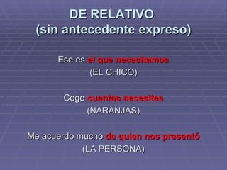 DE RELATIVO  (sin antecedente expreso) Ese es  el que necesitamos (EL CHICO) Coge  cuantas necesites (NARANJAS) Me acuerdo mucho  de quien nos presentó (LA PERSONA) 