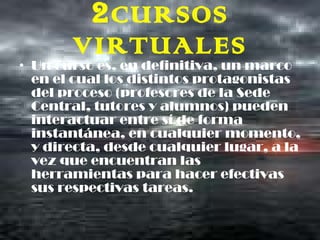 2 CURSOS VIRTUALES Un curso es, en definitiva, un marco en el cual los distintos protagonistas del proceso (profesores de la Sede Central, tutores y alumnos) pueden interactuar entre sí de forma instantánea, en cualquier momento, y directa, desde cualquier lugar, a la vez que encuentran las herramientas para hacer efectivas sus respectivas tareas. 
