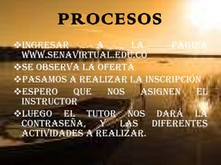 PROCESOS INGRESAR A LA PAGINA www.senavirtual.edu.co Se observa la oferta Pasamos a realizar la inscripción Espero que nos asignen el instructor Luego el tutor nos dará la contraseña, y las diferentes actividades a realizar. 