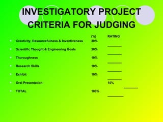 INVESTIGATORY PROJECT CRITERIA FOR JUDGING (%) RATING Creativity, Resourcefulness & Inventiveness 30% ________ Scientific Thought & Engineering Goals 30% ________ Thoroughness 10% ________ Research Skills 10% ________ Exhibit 10% ________ Oral Presentation 10% ________ TOTAL 100% _________ 