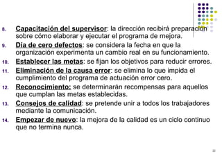 22
8. Capacitación del supervisor: la dirección recibirá preparación
sobre cómo elaborar y ejecutar el programa de mejora.
9. Día de cero defectos: se considera la fecha en que la
organización experimenta un cambio real en su funcionamiento.
10. Establecer las metas: se fijan los objetivos para reducir errores.
11. Eliminación de la causa error: se elimina lo que impida el
cumplimiento del programa de actuación error cero.
12. Reconocimiento: se determinarán recompensas para aquellos
que cumplan las metas establecidas.
13. Consejos de calidad: se pretende unir a todos los trabajadores
mediante la comunicación.
14. Empezar de nuevo: la mejora de la calidad es un ciclo continuo
que no termina nunca.
 