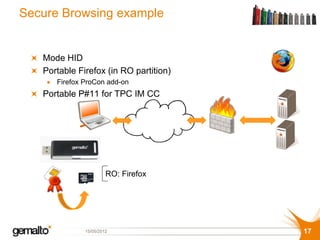 Secure Browsing example


   Mode HID
   Portable Firefox (in RO partition)
     Firefox ProCon add-on
   Portable P#11 for TPC IM CC




                       RO: Firefox




              15/05/2012                17
 