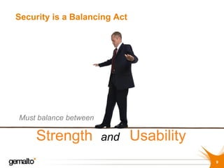 Security is a Balancing Act




Must balance between

     Strength          and    Usability
                                          9
 
