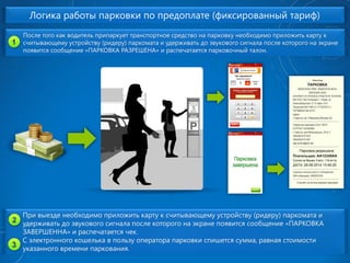 После того как водитель припаркует транспортное средство на парковку необходимо приложить карту к считывающему устройству (ридеру) паркомата и удерживать до звукового сигнала после которого на экране появится сообщение «ПАРКОВКА РАЗРЕШЕНА» и распечатается парковочный талон. При выезде необходимо приложить карту к считывающему устройству (ридеру) паркомата и удерживать до звукового сигнала после которого на экране появится сообщение «ПАРКОВКА ЗАВЕРШЕННА» и распечатается чек. С электронного кошелька впользу оператора парковки спишется сумма, равная стоимости указанного времени паркования. 
Логика работы парковки по предоплате (фиксированный тариф)  