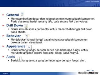 General Menggambarkan dasar dan kebutuhan minimum sebuah komponen.  Pada dasarnya berisi tentang  title ,  data source link  dan  values. Drill Down Berisi sebuah series parameter untuk menambah fungsi drill down pada charts. Behavior Menjelaskan fungsi-fungsi bagaimana cara sebuah komponen bekerja dalam visualisasi. Appearance Berisi tentang fungsi sebuah series dan beberapa fungsi untuk merubah tampilan seperti font-size, lokasi judul, warna. Alerts Berisi tentang semua yang berhubungan dengan fungsi alert. 