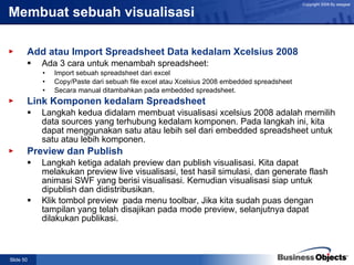 Membuat sebuah visualisasi Add atau Import Spreadsheet Data kedalam Xcelsius 2008 Ada 3 cara untuk menambah spreadsheet: Import sebuah spreadsheet dari excel Copy/Paste dari sebuah file excel atau Xcelsius 2008 embedded spreadsheet Secara manual ditambahkan pada embedded spreadsheet. Link Komponen kedalam Spreadsheet Langkah kedua didalam membuat visualisasi xcelsius 2008 adalah memilih data sources yang terhubung kedalam komponen. Pada langkah ini, kita dapat menggunakan satu atau lebih sel dari embedded spreadsheet untuk satu atau lebih komponen. Preview dan Publish  Langkah ketiga adalah preview dan publish visualisasi. Kita dapat melakukan preview live visualisasi, test hasil simulasi, dan generate flash animasi SWF yang berisi visualisasi. Kemudian visualisasi siap untuk dipublish dan didistribusikan. Klik tombol preview  pada menu toolbar, Jika kita sudah puas dengan tampilan yang telah disajikan pada mode preview, selanjutnya dapat dilakukan publikasi. 