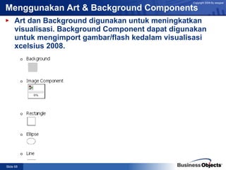 Menggunakan Art & Background Components Art dan Background digunakan untuk meningkatkan visualisasi. Background Component dapat digunakan untuk mengimport gambar/flash kedalam visualisasi xcelsius 2008. 