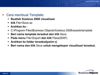 Cara membuat Template: Buatlah Xcelsius 2008 visualisasi klik  File>Save as Arahkan ke :  C:\Program Files\Business Objects\Xcelsius 2008\assets\template Beri nama template tersebut dan klik  Save Pada menu  File>Export  dan klik  Flase(SWF) Arahkan ke folder tersebut(point c) Beri nama dan klik  Save  untuk mengekspor visualisasi tersebut. 