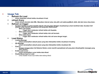 Usage Tab Refresh On Load Untuk melakukan refresh ketika visualisasi di load refresh Every Untuk refresh otomatis data XML. Masukkan interval value, lalu pilih unit waktunya(Menit, detik, dst) dari menu drop down. Refresh on trigger Gunakan fasilitas ini untuk memilih sebuah cell yang akan ditrigger visualisasinya untuk merefresh data. Gunakan Cell selector untuk memilih spreadsheet cell yang akan didefinisikan  When Cell Update Trigger akan melakukan refresh ketika cell diupdate. When Value Changes Trigger akan melakukan refresh ketika nilai cell berubah. When Value Equal Trigger akan melakukan refresh ketika nilai cell sama dengan target.. Load Status Loading Message Untuk menampilkan sebuah pesan yang akan ditampilkan ketika visualisasi di loading Idle Message Untuk menampilkan sebuah pesan yang akan ditampilkan ketika visualisasi idle Insert In Dengan menggunakan Cell Selector Button untuk memilih spreadsheet cell yang akan diloading/idle messages yang akan diinsert. Enable Load Cursor Untuk menampilkan cursor ketika data diload Disable Mouse Input on Load Untuk disable mouse input ketika data sedang diload. 