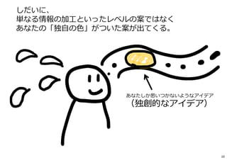 しだいに、
単なる情報の加工といったレベルの案ではなく
あなたの「独自の色」がついた案が出てくる。
あなたしか思いつかないようなアイデア
（独創的なアイデア）
10
 