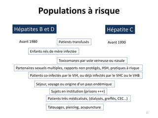 Populations à risque
Hépatites B et D Hépatite C
Patients transfusésAvant 1980 Avant 1990
Toxicomanes par voie veineuse ou nasale
Partenaires sexuels multiples, rapports non protégés, HSH, pratiques à risque
Séjour, voyage ou origine d’un pays endémique
Tatouages, piercing, acupuncture
Sujets en institution (prisons +++)
Patients co-infectés par le VIH, ou déjà infectés par le VHC ou le VHB
Patients très médicalisés, (dialysés, greffés, CEC…)
Enfants nés de mère infectée
11
 