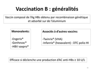 Vaccination B : généralités
Vaccin composé de l’Ag HBs obtenu par recombinaison génétique
et adsorbé sur de l’aluminium
Monovalents:
-Engerix®
-Genhevac®
-HBV vaxpro®
Associés à d’autres vaccins:
-Twinrix® (VHA)
-Infanrix® (hexavalent) : DTC polio HI
Efficace si déclenche une production d’AC anti-HBs ≥ 10 U/L
16
 
