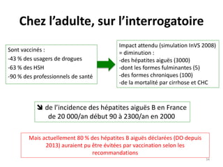 Chez l’adulte, sur l’interrogatoire
Sont vaccinés :
-43 % des usagers de drogues
-63 % des HSH
-90 % des professionnels de santé
Impact attendu (simulation InVS 2008)
= diminution :
-des hépatites aiguës (3000)
-dont les formes fulminantes (5)
-des formes chroniques (100)
-de la mortalité par cirrhose et CHC
Mais actuellement 80 % des hépatites B aiguës déclarées (DO depuis
2013) auraient pu être évitées par vaccination selon les
recommandations
 de l’incidence des hépatites aiguës B en France
de 20 000/an début 90 à 2300/an en 2000
34
 